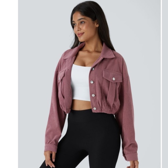 Jalara Collared Button Pocket Cropped Corduroy Casual Jacket - Picture 1 of 7